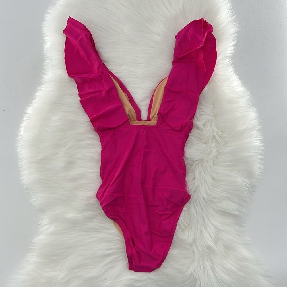 J.Crew Ruched Ruffle One-Piece Swimsuit - Radiant Fuchsia - 0 - NWT - Picture 6 of 7